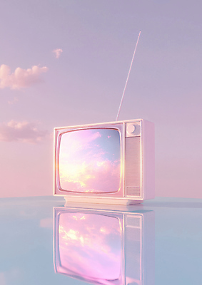 JPG 구름 편집이미지 분홍색 하늘 사람없음 야외 햇빛 반사 3D 텔레비전 빈티지 오브젝트 복고 감성 파스텔톤 몽환 편집실사 편집3D AI컴퓨터그래픽 AI콘텐츠 자연요소 컬러 컨셉 전자제품 태양 디지털합성 CG 파일형식