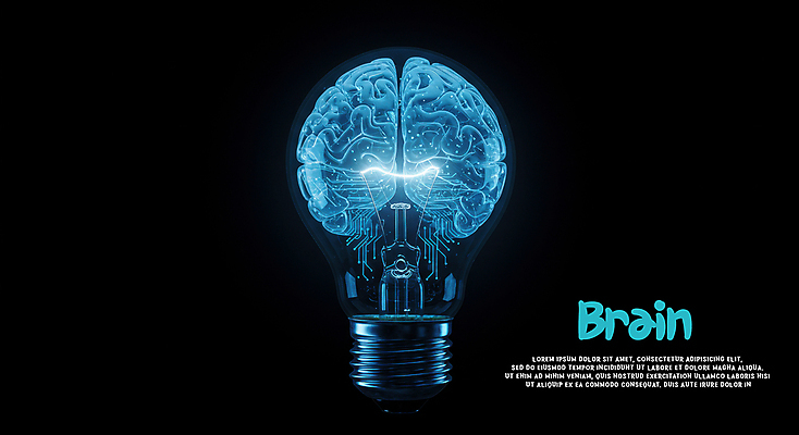 PSD 편집이미지 교육 과학 전구 아이디어 사람없음 파란색 빛 두뇌 전자회로 IQ 필라멘트 AI_인공지능 이미지편집 편집실사 컬러 컨셉 회로판 CG 뇌 파일형식