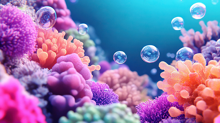 JPG 편집이미지 바다 자연 사람없음 컬러풀 바닷속 거품 물방울 산호초 공기방울 편집실사 AI컴퓨터그래픽 AI콘텐츠 컬러 수중 수중식물 CG 생태계 파일형식
