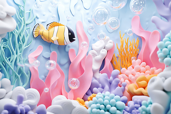 JPG 편집이미지 물결 바다 자연 밝음 사람없음 컬러풀 바닷속 거품 물방울 산호초 열대어 공기방울 파스텔톤 편집실사 AI컴퓨터그래픽 AI콘텐츠 컬러 어류 수중 수중식물 CG 생태계 파일형식