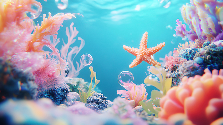 JPG 편집이미지 물결 바다 자연 불가사리 사람없음 컬러풀 바닷속 거품 암석 해조류 비눗방울 산호초 공기방울 편집실사 AI컴퓨터그래픽 AI콘텐츠 컬러 극피동물 수중 돌_바위 수중식물 해양식물 CG 생태계 파일형식