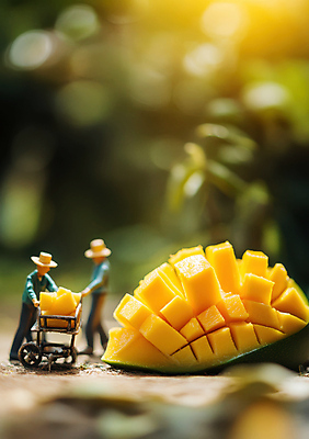 JPG 전신 편집이미지 모자 남자 과일 성인 두명 농장 수레 미니어처 운반 농부 담기 망고 수레끌기 성인남자만 편집실사 AI포토 AI콘텐츠 직업 잡화 농업 모션 사람 모형 카트 당기기 CG 열대과일 남자만 성인만 파일형식