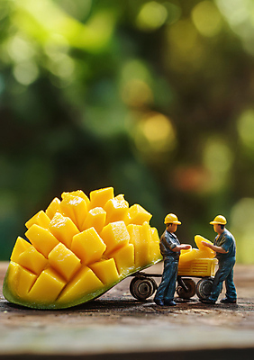 JPG 전신 편집이미지 남자 과일 들기 성인 두명 농장 수레 미니어처 운반 농부 안전모 보케 망고 성인남자만 편집실사 AI포토 AI콘텐츠 직업 농업 모션 사람 모형 카트 헬멧 안전장비 CG 열대과일 남자만 성인만 파일형식