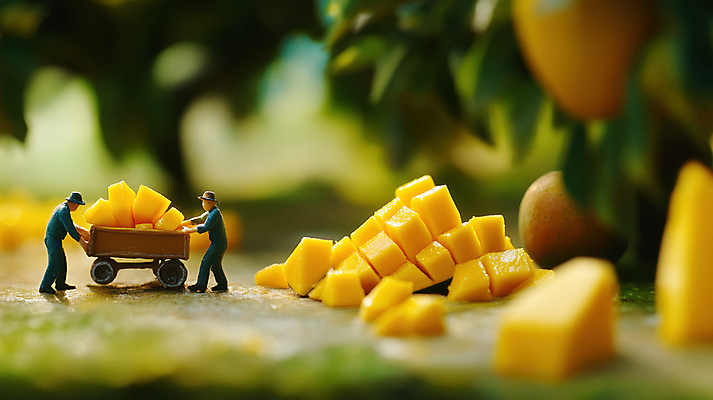 JPG 전신 편집이미지 모자 남자 과일 나뭇잎 성인 두명 농장 수레 미니어처 운반 농부 망고 수레끌기 성인남자만 편집실사 AI포토 AI콘텐츠 직업 잡화 잎 농업 사람 모형 카트 당기기 CG 열대과일 남자만 성인만 파일형식