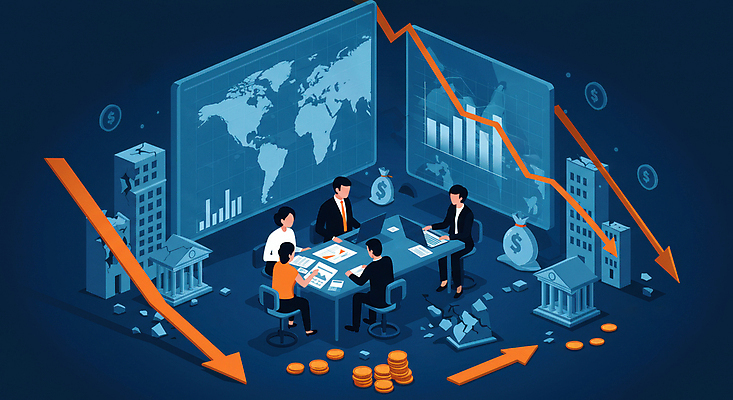 JPG 전신 여자 남자 화살표 세계지도 의자 일러스트 회의 그래프 여러명 성인 파란색 노트북 모니터 동전 손상 돈자루 하락 책상 은행 붕괴 경기침체 성인만 국내일러스트 AI일러스트 AI콘텐츠 컬러 가구 다수 컨셉 지도 돈 비즈니스 사람 금융 경제 전자제품 컴퓨터 세계 파일형식