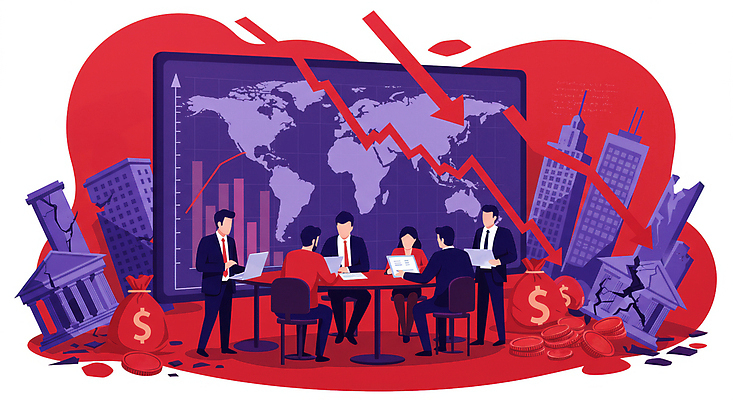 JPG 전신 여자 남자 화살표 세계지도 의자 일러스트 회의 그래프 앉기 여러명 성인 모니터 보라색 동전 손상 돈자루 하락 책상 은행 붕괴 경기침체 성인만 국내일러스트 AI일러스트 AI콘텐츠 컬러 가구 다수 컨셉 지도 돈 비즈니스 모션 사람 금융 경제 컴퓨터 세계 파일형식