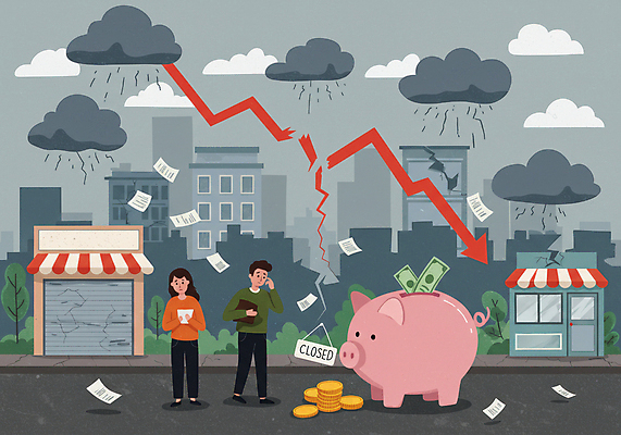 JPG 전신 여자 남자 화살표 일러스트 들기 성인 두명 건물 상점 동전 손상 돼지저금통 비 하락 먹구름 경기침체 성인만 국내일러스트 AI일러스트 AI콘텐츠 자연요소 건축물 컨셉 돈 모션 날씨 사람 경제 저금통 파일형식 구름_자연