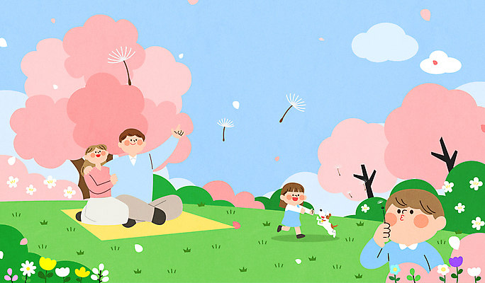 전신 구름 여자 남자 어린이 일러스트 가족 하늘 소녀 소년 초원 여러명 성인 벚나무 강아지 민들레 불기 가부좌 봄소풍 어깨에손 국내일러스트 AI파일 자연요소 나무 꽃 다수 관계 모션 사람 앉기 반려동물 소풍 봄 벚꽃 개 파일형식 벡터