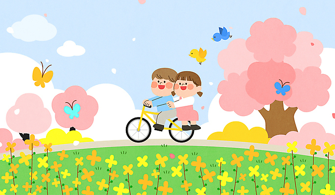 전신 구름 커플 여자 남자 어린이 나비 꽃밭 일러스트 조류 하늘 소녀 소년 두명 자전거 벚나무 승차 봄소풍 어린이만 국내일러스트 AI파일 자연요소 나무 동물 꽃 곤충 관계 모션 사람 소풍 바이크 봄 벚꽃 파일형식 벡터