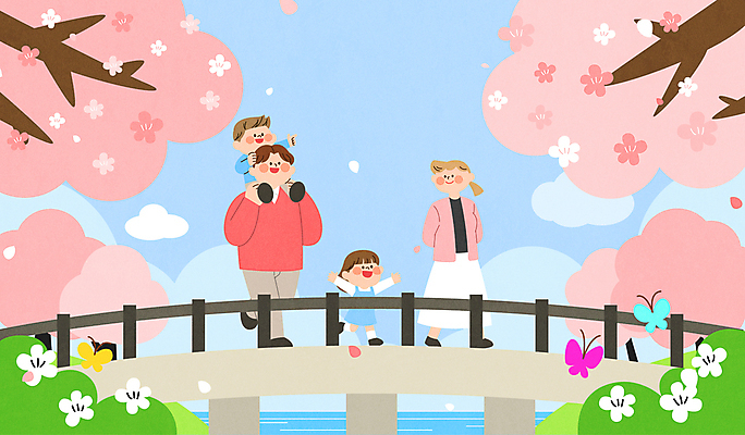 전신 구름 여자 남자 어린이 나비 일러스트 가족 하늘 소녀 소년 여러명 성인 강 벚나무 돌다리 목마타기 봄소풍 국내일러스트 AI파일 자연요소 나무 다수 곤충 관계 사람 소풍 봄 벚꽃 다리_건축물 승차 파일형식 벡터