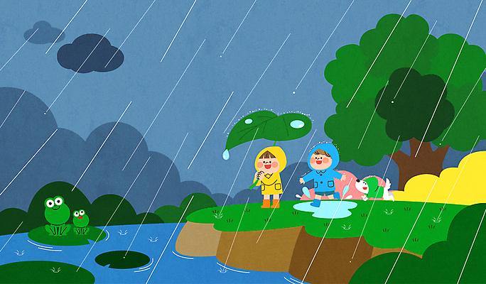 전신 나무 여자 남자 어린이 일러스트 남매 개구리 소녀 소년 두명 봄비 강아지 강가 연잎 먹구름 웅덩이 우비 나뭇잎우산 어린이만 국내일러스트 AI파일 식물 옷 잎 우산 가족 양서류 사람 반려동물 강 봄 비_날씨 개 파일형식 벡터 구름_자연