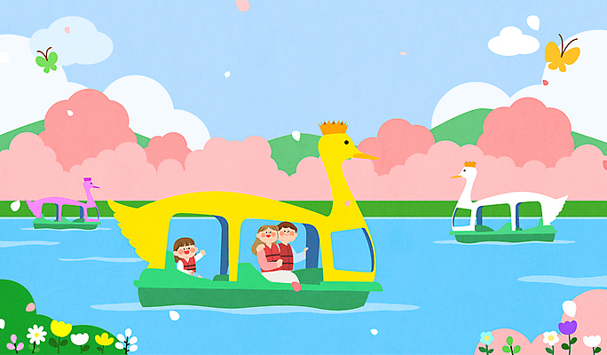 전신 구름 여자 남자 호수 어린이 나비 일러스트 가족 하늘 왕관 소녀 성인 세명 벚나무 구명조끼 봄소풍 오리배 국내일러스트 AI파일 자연요소 나무 곤충 관계 사람 소풍 봄 벚꽃 구조용품 파일형식 벡터