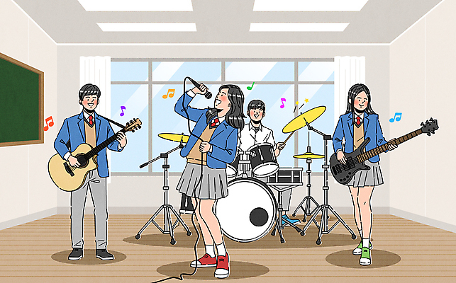 전신 여자 남자 교복 연주 음표 일러스트 창문 교실 청소년 고등학생 고등학교 웃음 들기 여러명 친구 스쿨라이프 기타 커튼 밴드 마이크 드럼 동아리 베이스 보컬 십대만 국내일러스트 AI파일 학생 라이프스타일 기호 옷 교육 음악 음향기기 다수 학교 관계 모션 현악기 타악기 표정 사람 파일형식 벡터