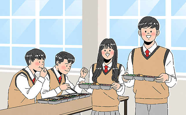 여자 남자 교복 일러스트 청소년 고등학생 수저 고등학교 웃음 들기 앉기 여러명 친구 스쿨라이프 먹기 책상 식판 점심식사 급식 십대만 국내일러스트 AI파일 학생 라이프스타일 식기 옷 가구 다수 학교 관계 모션 표정 사람 식사 파일형식 벡터