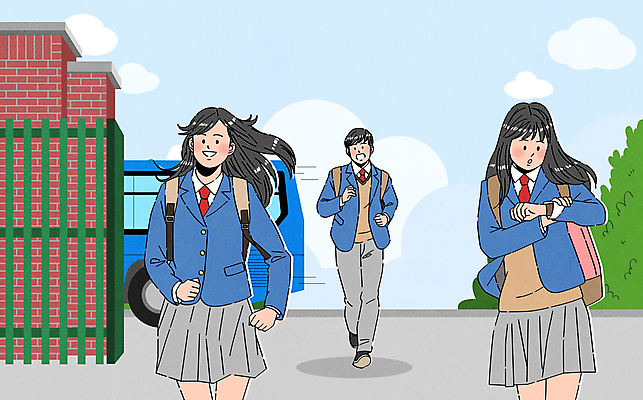 전신 구름 여자 남자 교복 가방 일러스트 청소년 하늘 고등학생 버스 고등학교 웃음 세명 친구 달리기 스쿨라이프 지각 손목시계 등교 정문 십대만 국내일러스트 AI파일 자연요소 학생 라이프스타일 잡화 옷 육상교통 시계 장신구 학교 관계 모션 대중교통 표정 사람 문 등하교 파일형식 벡터