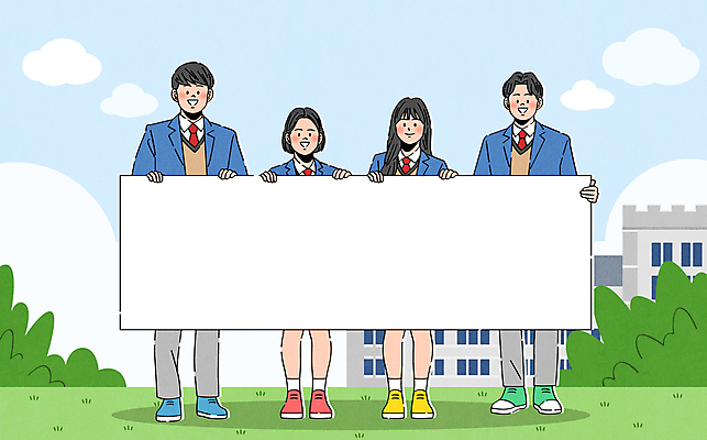 전신 구름 배너 여자 남자 교복 일러스트 청소년 하늘 고등학생 고등학교 웃음 들기 여러명 친구 스쿨라이프 풀 십대만 국내일러스트 AI파일 자연요소 식물 학생 라이프스타일 옷 다수 학교 관계 모션 표정 사람 파일형식 벡터