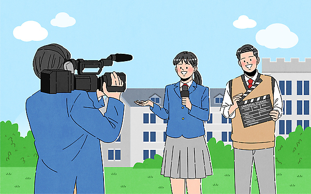 구름 여자 남자 교복 일러스트 청소년 하늘 고등학생 고등학교 웃음 세명 친구 스쿨라이프 카메라 풀 클래퍼보드 마이크 인터뷰 십대만 방송부 국내일러스트 AI파일 자연요소 식물 학생 라이프스타일 옷 음향기기 학교 관계 표정 사람 전자제품 동아리 파일형식 벡터