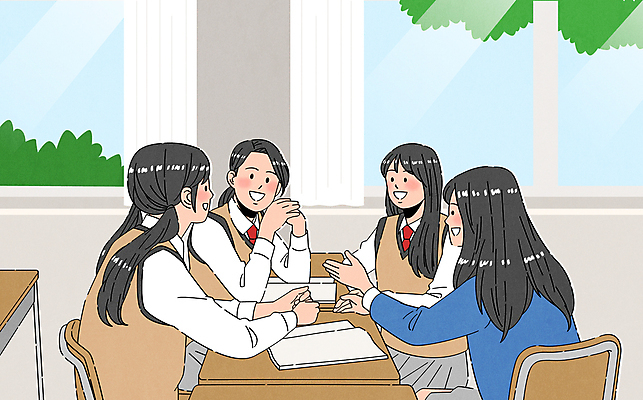 여자 교복 의자 일러스트 교실 청소년 고등학생 고등학교 대화 웃음 여러명 책 친구 스쿨라이프 책상 십대여자만 조별과제 국내일러스트 AI파일 학생 라이프스타일 옷 교육 가구 다수 학교 관계 표정 말하기 사람 과제 여자만 십대만 파일형식 벡터