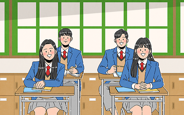 여자 남자 교복 의자 일러스트 교실 청소년 고등학생 수업 고등학교 웃음 앉기 여러명 책 친구 펜 스쿨라이프 깍지 사물함 책상 십대만 국내일러스트 AI파일 학생 라이프스타일 옷 교육 가구 다수 학교 관계 모션 표정 사람 손짓 필기구 파일형식 벡터