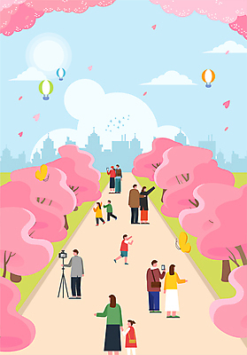 전신 구름 커플 여자 남자 꽃잎 어린이 나비 일러스트 가족 하늘 들기 소녀 빌딩 소년 여러명 성인 스마트폰 태양 소풍 카메라 봄풍경 산책 열기구 꽃길 벚꽃축제 국내일러스트 AI파일 자연요소 꽃 길 다수 곤충 관계 항공교통 모션 휴식 사람 풍경 건물 전자제품 핸드폰 스마트기기 야외활동 축제 봄 벚꽃 꽃축제 파일형식 벡터