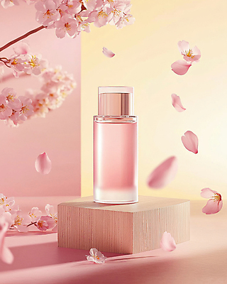 JPG 편집이미지 꽃잎 분홍색 유리병 사람없음 빛 봄 화장품 벚꽃 나뭇가지 피부관리 나무받침 포디움 목업 편집실사 AI포토 AI콘텐츠 나무 계절 꽃 컬러 병_용기 목재 뷰티 무대 받침대 CG 파일형식