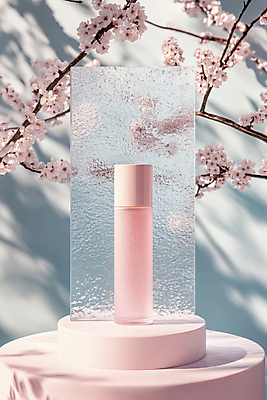 JPG 편집이미지 분홍색 유리병 그림자 사람없음 빛 봄 화장품 벚꽃 나뭇가지 피부관리 유리판 포디움 목업 편집실사 AI포토 AI콘텐츠 나무 계절 꽃 컬러 병_용기 뷰티 무대 CG 파일형식
