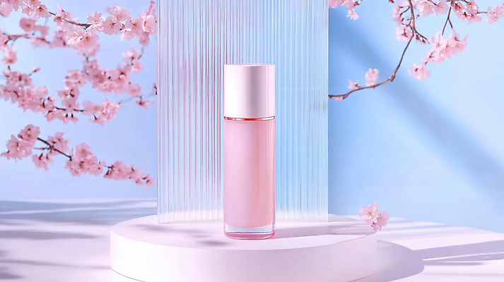 JPG 편집이미지 분홍색 하늘색 유리병 사람없음 빛 봄 화장품 벚꽃 나뭇가지 피부관리 유리판 포디움 목업 편집실사 AI포토 AI콘텐츠 나무 계절 꽃 컬러 병_용기 파란색 뷰티 무대 CG 파일형식