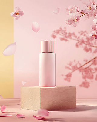 JPG 편집이미지 꽃잎 분홍색 유리병 사람없음 빛 봄 화장품 벚꽃 나뭇가지 피부관리 나무받침 포디움 목업 편집실사 AI포토 AI콘텐츠 나무 계절 꽃 컬러 병_용기 목재 뷰티 무대 받침대 CG 파일형식
