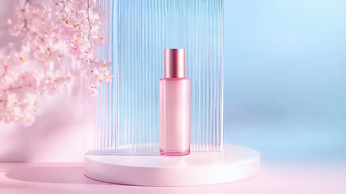 JPG 편집이미지 분홍색 하늘색 유리병 사람없음 빛 봄 화장품 벚꽃 나뭇가지 피부관리 유리판 포디움 목업 편집실사 AI포토 AI콘텐츠 나무 계절 꽃 컬러 병_용기 파란색 뷰티 무대 CG 파일형식