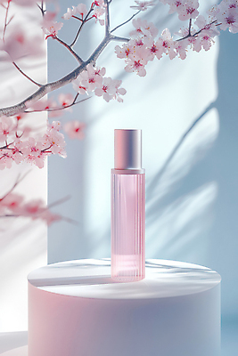 JPG 편집이미지 분홍색 하늘색 유리병 그림자 사람없음 봄 화장품 벚꽃 나뭇가지 피부관리 포디움 목업 편집실사 AI포토 AI콘텐츠 나무 계절 꽃 컬러 병_용기 파란색 뷰티 무대 CG 파일형식