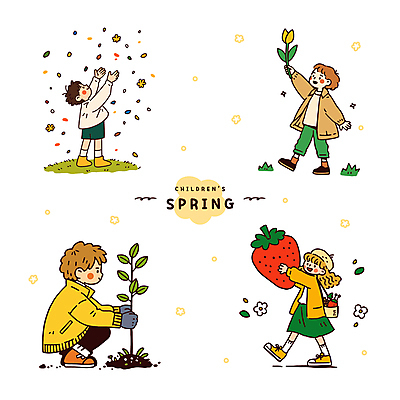전신 모자 여자 남자 꽃 어린이 가방 일러스트 딸기 미소 들기 소녀 소년 여러명 걷기 봄 올려보기 잡기 풀 즐거움 웅크림 손뻗기 다리들기 어린이만 국내일러스트 AI파일 식물 잡화 계절 감정 다수 과일 모션 표정 사람 파일형식 벡터