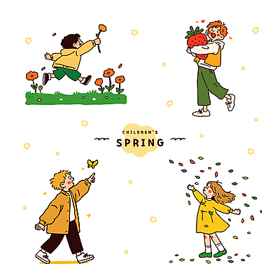 전신 여자 남자 꽃잎 꽃 어린이 나비 일러스트 안기 딸기 나뭇잎 미소 들기 소녀 소년 여러명 달리기 걷기 봄 하트 가리킴 즐거움 손뻗기 다리들기 어린이만 국내일러스트 AI파일 모양 식물 계절 감정 다수 곤충 잎 과일 모션 표정 사람 손짓 파일형식 벡터