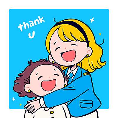 여자 어린이 하늘색 유니폼 일러스트 안기 직업캐릭터 웃음 소녀 상반신 성인 두명 반짝임 귀걸이 머리띠 승무원 감사 땡큐 여자만 일러캐릭터 AI파일 직업 캐릭터 옷 감정 장신구 모션 표정 사람 파란색 파일형식 벡터