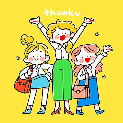 전신 여자 행복 허리손 가방 일러스트 성인 세명 노란색 손들기 만세 감사 칭찬 성인여자만 국내일러스트 AI파일 잡화 감정 컬러 포즈 모션 사람 여자만 성인만 파일형식 벡터