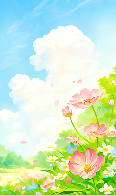 JPG 구름 꽃 잎 일러스트 자연 하늘 사람없음 초록색 봄풍경 국내일러스트 AI일러스트 AI콘텐츠 자연요소 식물 컬러 풍경 봄 생태계 파일형식