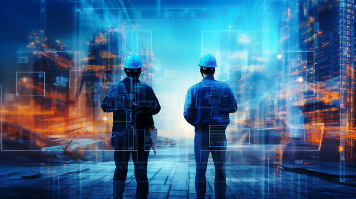 JPG 편집이미지 남자 건축 노동자 건설업 공사 성인 두명 건설현장 안전모 홀로그램 성인남자만 건설근로자 편집실사 AI포토 AI콘텐츠 직업 산업 사람 헬멧 안전장비 CG 남자만 성인만 파일형식