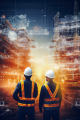 JPG 편집이미지 남자 건축 노동자 건설업 공사 성인 두명 빛 건설현장 안전모 안전조끼 성인남자만 건설근로자 편집실사 AI포토 AI콘텐츠 직업 산업 사람 헬멧 안전장비 CG 남자만 성인만 파일형식