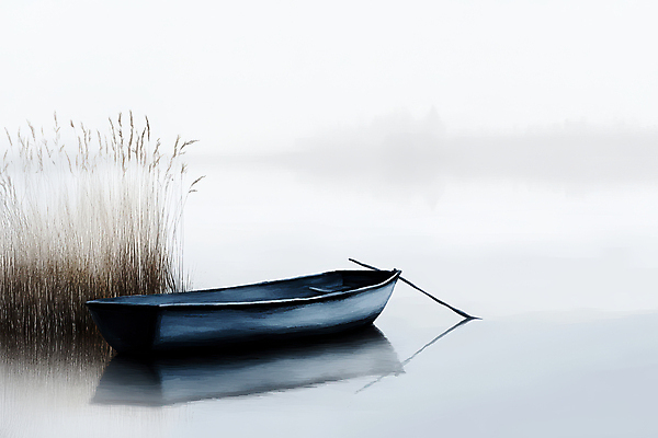 JPG 호수 겨울 일러스트 풍경 사람없음 반사 안개 나룻배 노 갈대밭 감성 흐림 국내일러스트 AI일러스트 AI콘텐츠 계절 컨셉 배_교통 날씨 선박 파일형식 갈대_식물