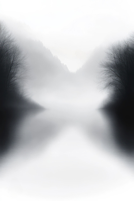 JPG 나무 호수 겨울 일러스트 산 풍경 사람없음 반사 안개 감성 흐림 국내일러스트 AI일러스트 AI콘텐츠 식물 계절 컨셉 날씨 파일형식