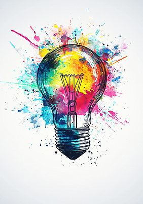 JPG 편집이미지 전구 아이디어 사람없음 빛 컬러풀 물감 오브젝트 번짐 편집실사 AI컴퓨터그래픽 AI콘텐츠 컬러 컨셉 미술도구 CG 파일형식 효과