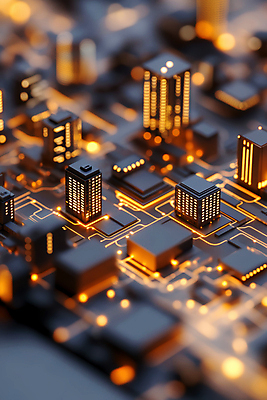 JPG 편집이미지 미래 사람없음 건물 빛 디지털 주황색 도시 네트워크 연결 건축모형 전자회로 사회연결망 홀로그램 편집실사 AI컴퓨터그래픽 AI콘텐츠 건축물 컬러 컨셉 모형 회로판 CG 파일형식