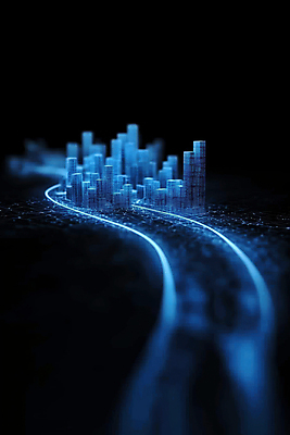JPG 편집이미지 길 미래 빌딩 사람없음 건물 파란색 빛 디지털 검은색 도시 홀로그램 이미지편집 편집실사 AI컴퓨터그래픽 AI콘텐츠 건축물 컬러 컨셉 CG 파일형식