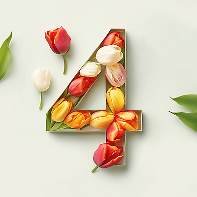 JPG 편집이미지 잎 봄꽃 타이포그라피 사람없음 튤립 4 화사함 편집실사 AI컴퓨터그래픽 AI콘텐츠 식물 문자 꽃 컨셉 숫자 봄 CG 파일형식