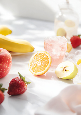 JPG 편집이미지 오렌지 딸기 단면 잔 바나나 그림자 사람없음 빛 얼음 병 사과 대리석 상큼 냉음료 편집실사 AI포토 AI콘텐츠 자연요소 식기 음료 과일 재료 CG 파일형식