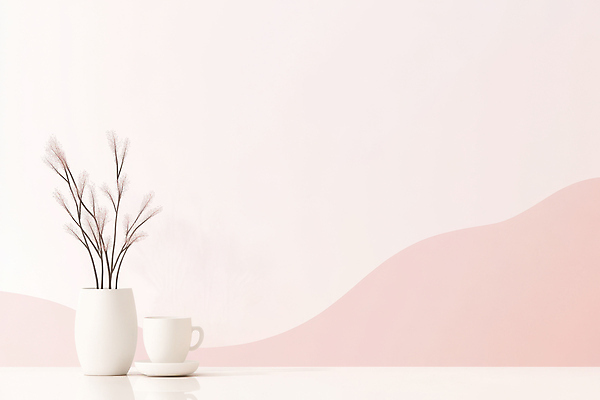 JPG 편집이미지 화분 분홍색 백그라운드 곡선 사람없음 머그컵 나뭇가지 컵받침 파스텔톤 편집실사 AI컴퓨터그래픽 AI콘텐츠 나무 선 컬러 컵 받침대 CG 파일형식