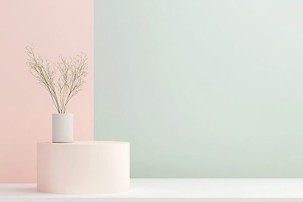 JPG 편집이미지 화분 분홍색 백그라운드 사람없음 나뭇가지 민트색 파스텔톤 포디움 편집실사 AI컴퓨터그래픽 AI콘텐츠 나무 컬러 무대 CG 파일형식