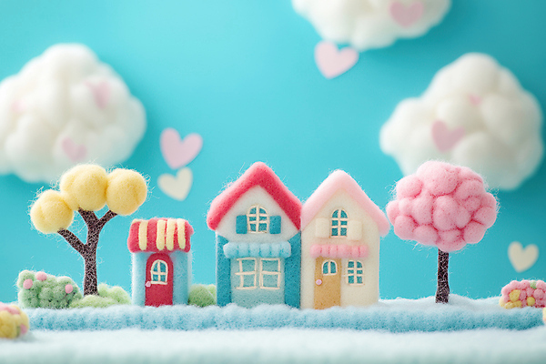 JPG 나무 구름 편집이미지 하늘색 하늘 주택 따뜻함 사람없음 귀여움 마을 하트 솜 퀼트 핸드메이드 아기자기 편집실사 AI컴퓨터그래픽 AI콘텐츠 자연요소 모양 식물 컨셉 건물 파란색 CG 파일형식