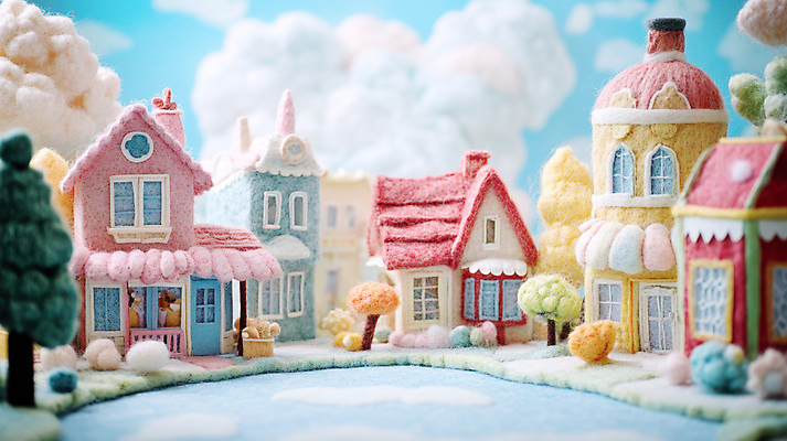 JPG 나무 구름 편집이미지 하늘 주택 따뜻함 사람없음 컬러풀 귀여움 마을 연못 솜 퀼트 핸드메이드 아기자기 편집실사 AI컴퓨터그래픽 AI콘텐츠 자연요소 식물 컬러 컨셉 건물 CG 파일형식