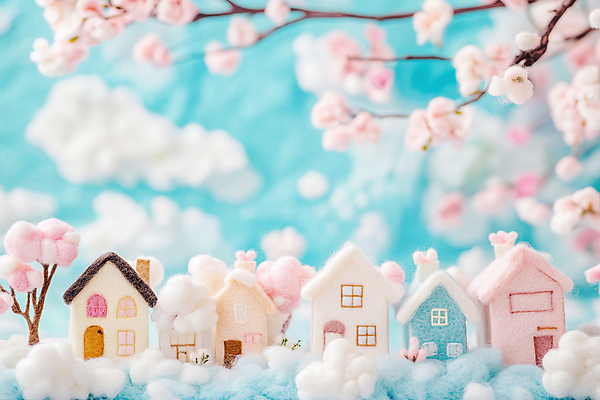 JPG 구름 편집이미지 하늘색 하늘 주택 따뜻함 사람없음 귀여움 마을 벚꽃 나뭇가지 솜 퀼트 핸드메이드 아기자기 편집실사 AI컴퓨터그래픽 AI콘텐츠 자연요소 나무 꽃 컨셉 건물 파란색 CG 파일형식