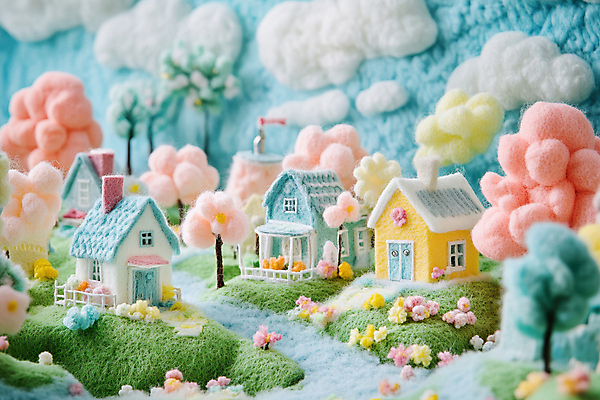 JPG 나무 구름 편집이미지 꽃 길 하늘 주택 따뜻함 사람없음 컬러풀 귀여움 마을 솜 퀼트 핸드메이드 아기자기 편집실사 AI컴퓨터그래픽 AI콘텐츠 자연요소 식물 컬러 컨셉 건물 CG 파일형식